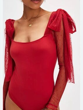 Free People Tongue Tied Bodysuit with Sheer Polka-Dot Sleeves